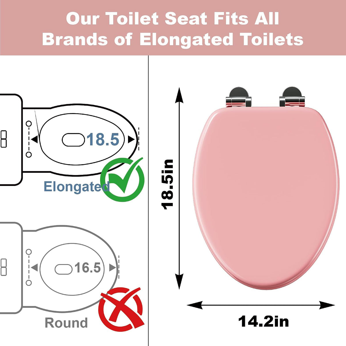 Elongated Slow Close Wood Toilet Seat, Pink Wooden Toilet Seat with Baked Enamel Finish Support 400 lbs, Oval Toilet Lid with Soft Close Chrome Hinges and Grip-Tight Bumpers, Easy to Clean and Install