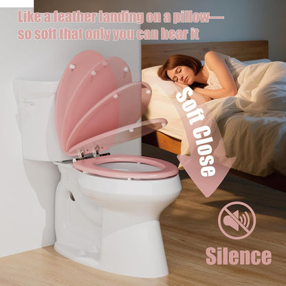 Elongated Slow Close Wood Toilet Seat, Pink Wooden Toilet Seat with Baked Enamel Finish Support 400 lbs, Oval Toilet Lid with Soft Close Chrome Hinges and Grip-Tight Bumpers, Easy to Clean and Install