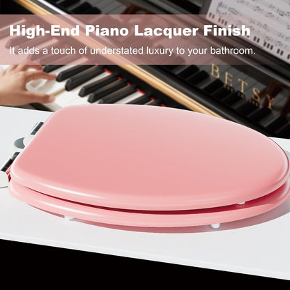 Elongated Slow Close Wood Toilet Seat, Pink Wooden Toilet Seat with Baked Enamel Finish Support 400 lbs, Oval Toilet Lid with Soft Close Chrome Hinges and Grip-Tight Bumpers, Easy to Clean and Install