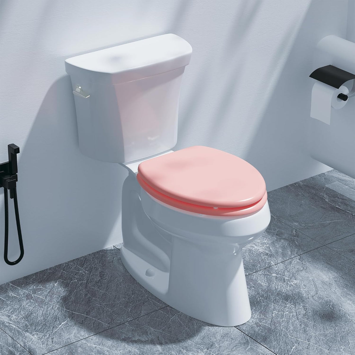Elongated Slow Close Wood Toilet Seat, Pink Wooden Toilet Seat with Baked Enamel Finish Support 400 lbs, Oval Toilet Lid with Soft Close Chrome Hinges and Grip-Tight Bumpers, Easy to Clean and Install