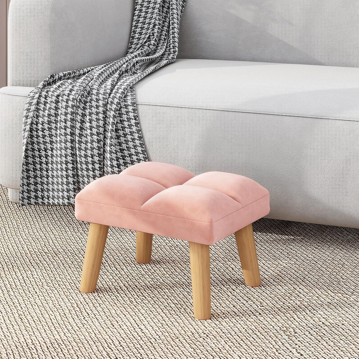 YMYNY Footstool, Small Ottoman Chair with Wooden Legs, Modern Padded Sofa Seat Foot Rest, Sofa Footrest for Living Room Entryway 15.74" D×11.81" W×10.62" H Pink UHBD032P