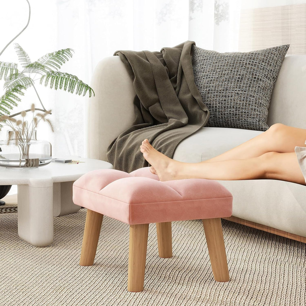 YMYNY Footstool, Small Ottoman Chair with Wooden Legs, Modern Padded Sofa Seat Foot Rest, Sofa Footrest for Living Room Entryway 15.74" D×11.81" W×10.62" H Pink UHBD032P