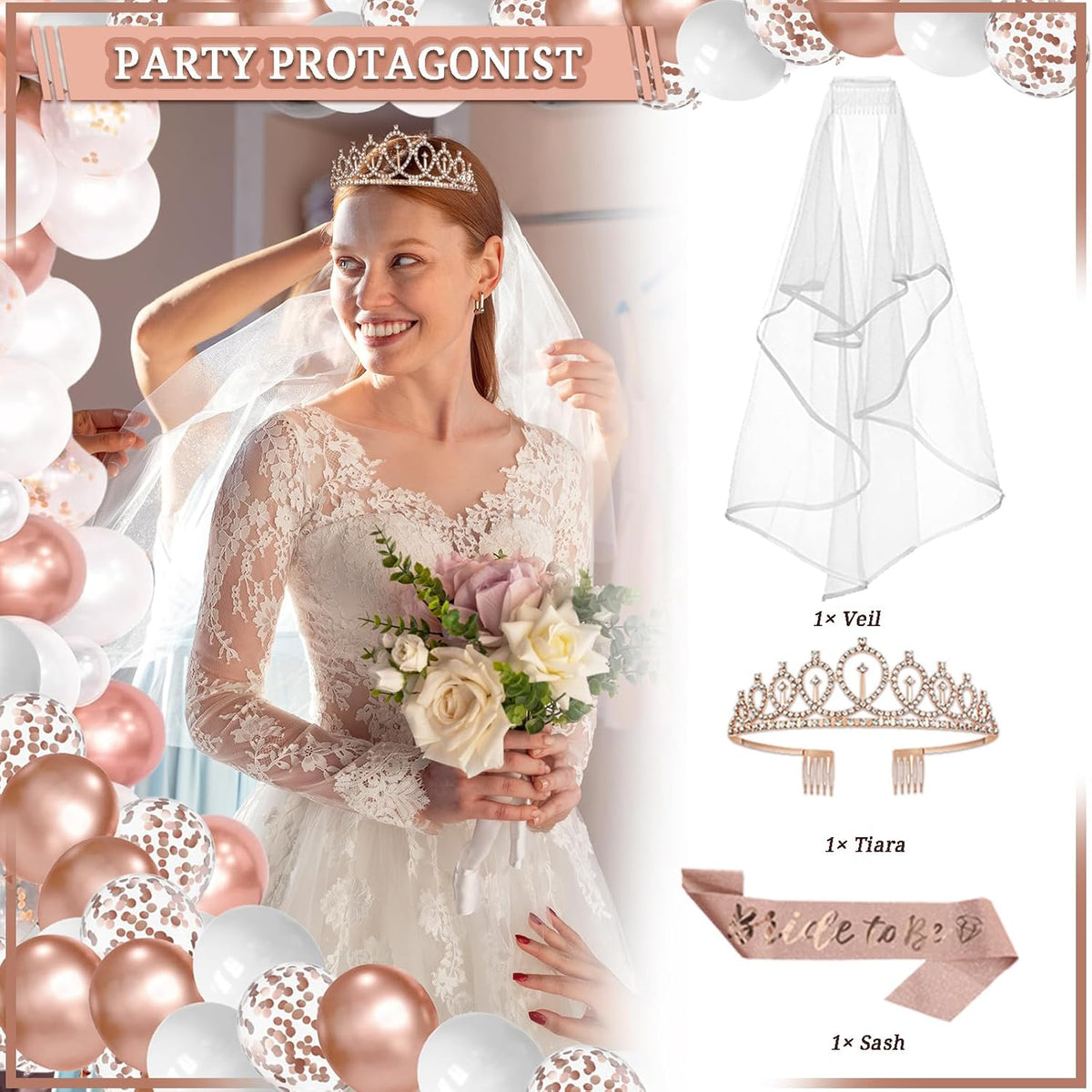 LFSTGN 274 Pcs Rose Gold Bridal Shower Decorations, Decorations Favors - "BRIDE TO BE" Banner, Veil, Balloon, Photo Props, Tableware with Rose Gold for 25 Guests
