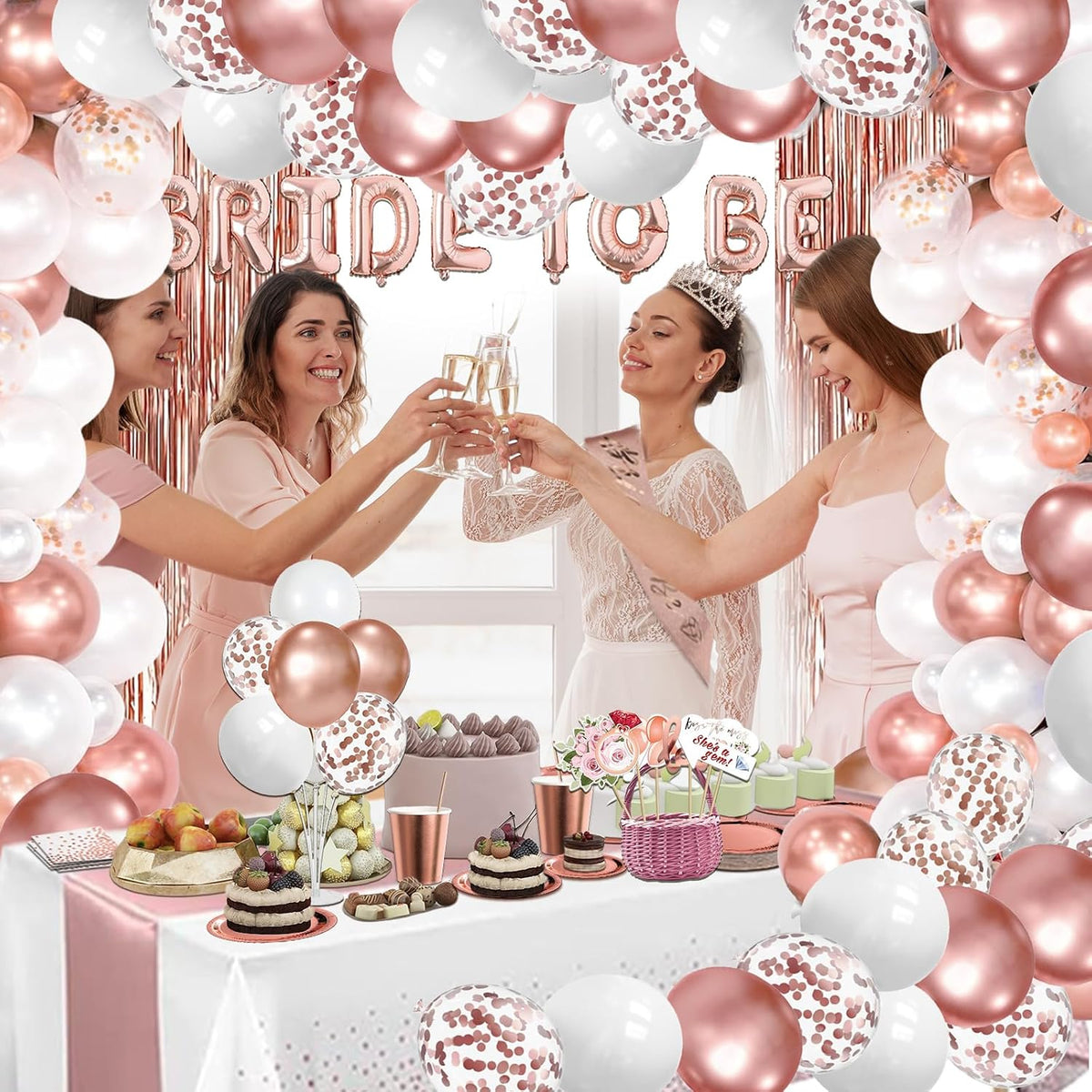 LFSTGN 274 Pcs Rose Gold Bridal Shower Decorations, Decorations Favors - "BRIDE TO BE" Banner, Veil, Balloon, Photo Props, Tableware with Rose Gold for 25 Guests