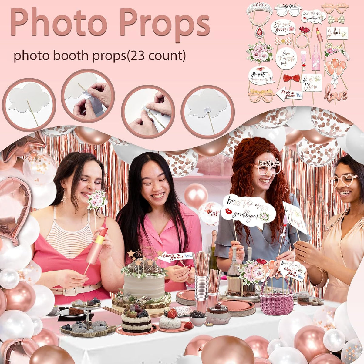 LFSTGN 274 Pcs Rose Gold Bridal Shower Decorations, Decorations Favors - "BRIDE TO BE" Banner, Veil, Balloon, Photo Props, Tableware with Rose Gold for 25 Guests
