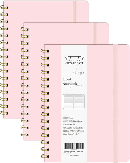 Lined Spiral Notebook 3Pack A5 Pink College Ruled Hardcover Journal 160 Pages-5.67" x 8.4",100 GSM Paper, Spiral Bound Notebook for Work School Note Taking Business