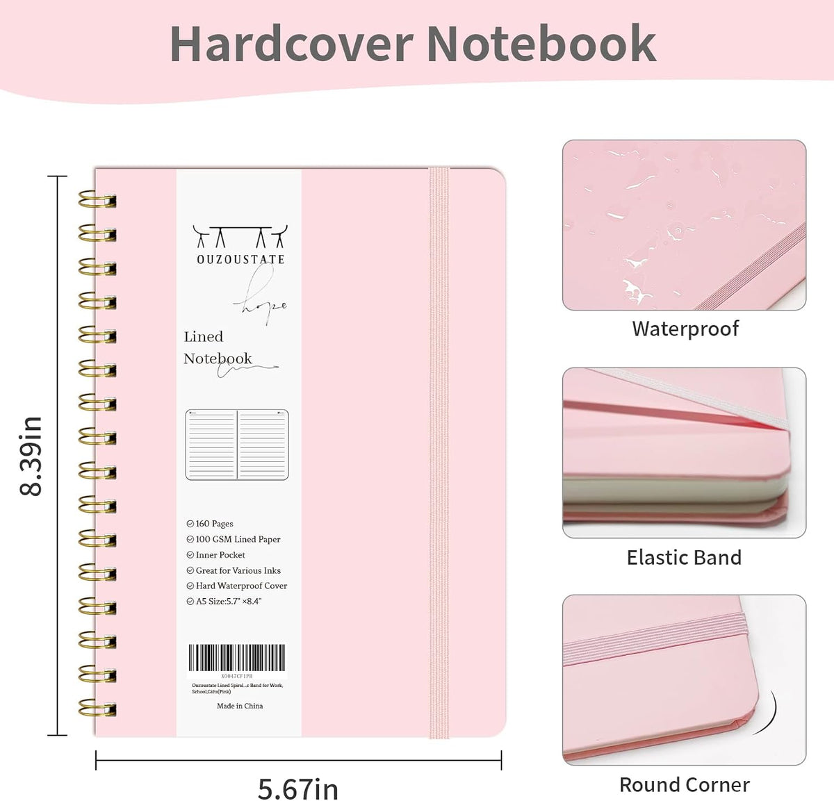 Lined Spiral Notebook 3Pack A5 Pink College Ruled Hardcover Journal 160 Pages-5.67" x 8.4",100 GSM Paper, Spiral Bound Notebook for Work School Note Taking Business