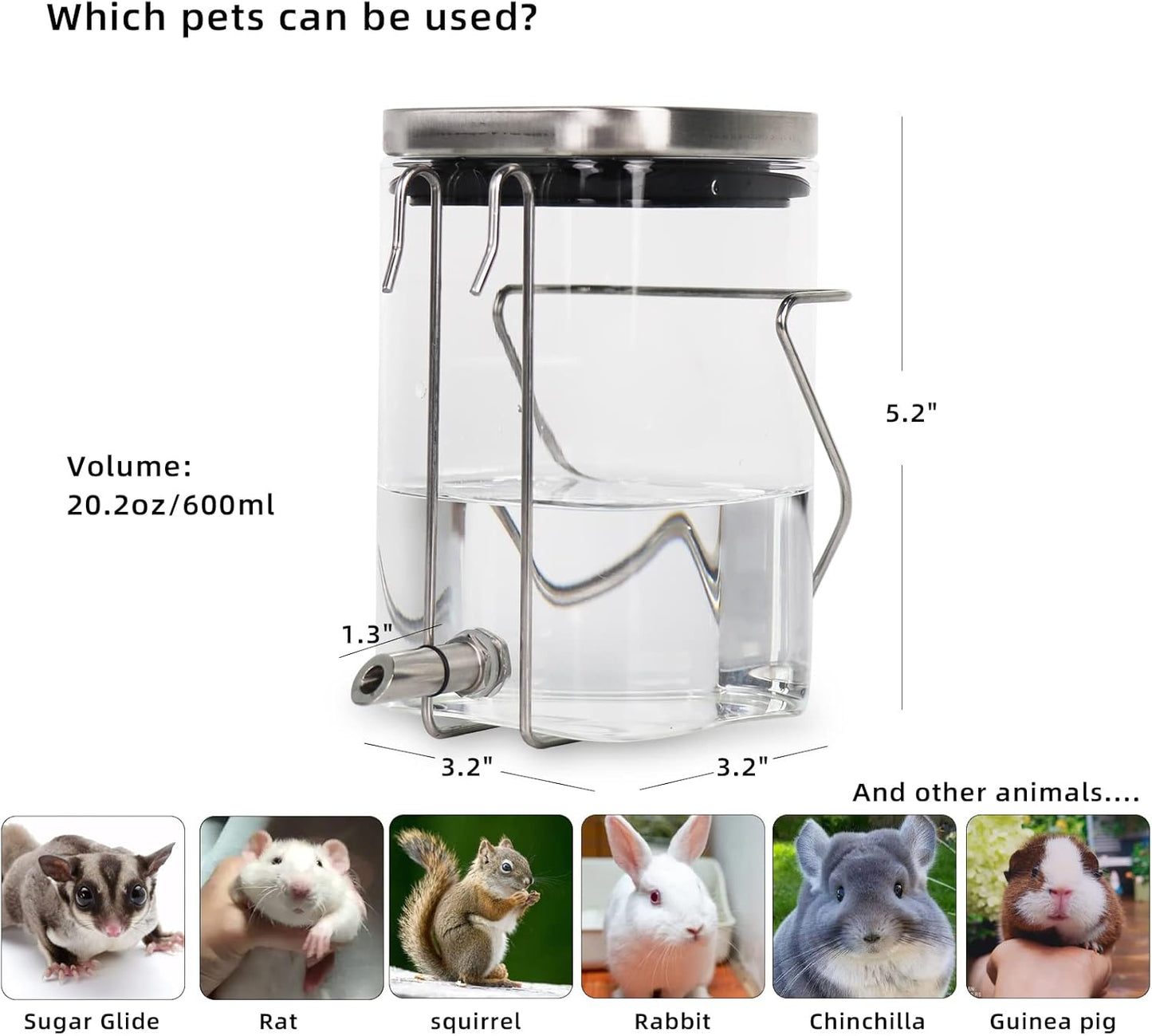 Guinea Pig Water Bottle No Drip, Rabbit Glass Waterer, Chinchilla Stainless Steel Nozzle Anti-Bite Water Dispenser for Small Animal, Bunny, Hamster, Sugar Glider and Rat(20.2oz)