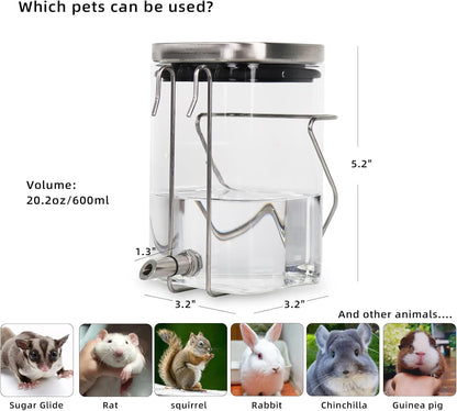 Guinea Pig Water Bottle No Drip, Rabbit Glass Waterer, Chinchilla Stainless Steel Nozzle Anti-Bite Water Dispenser for Small Animal, Bunny, Hamster, Sugar Glider and Rat(20.2oz)
