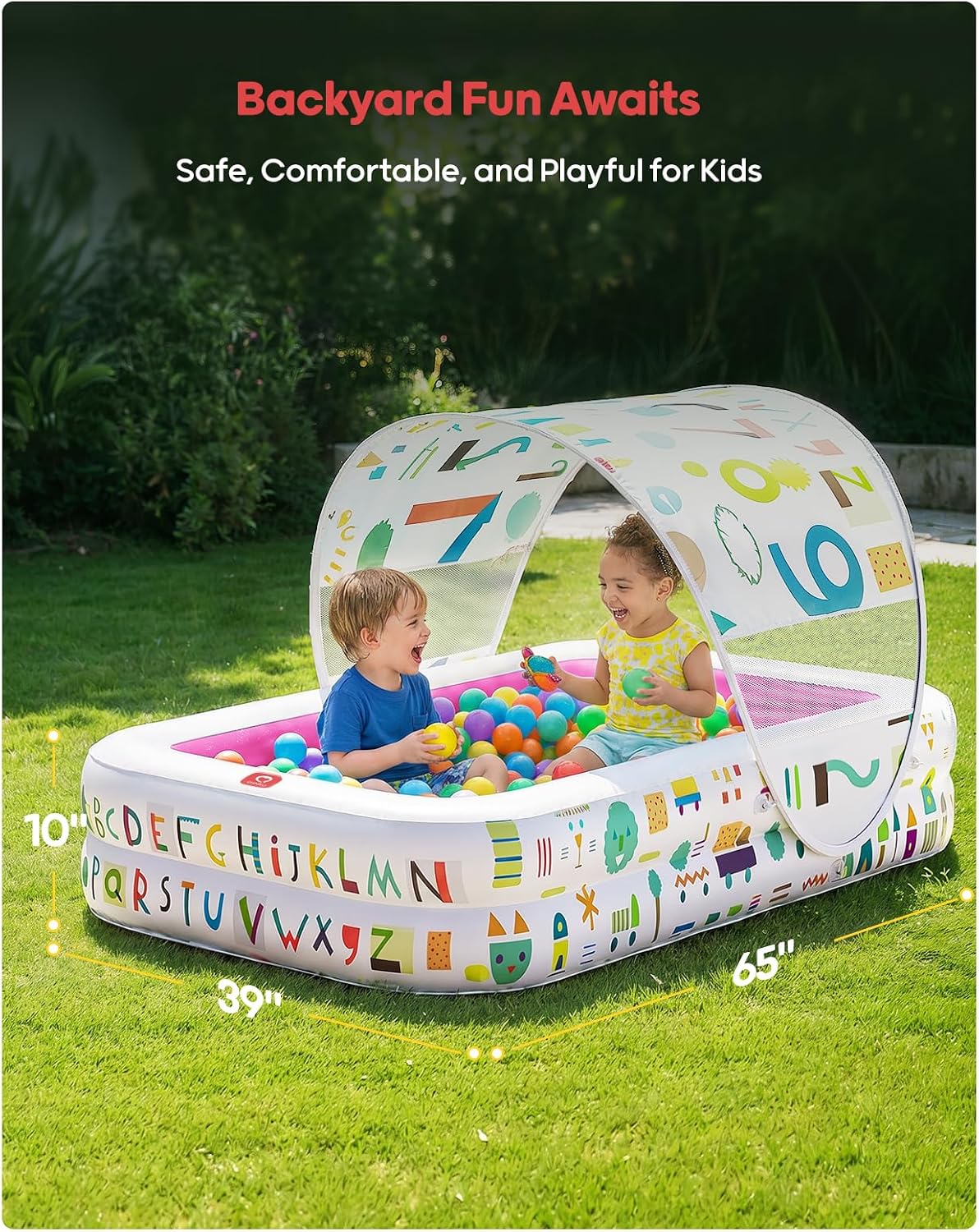 Kiddie Pool with Canopy, Inflatable Design, 65 x 39 in, Pink