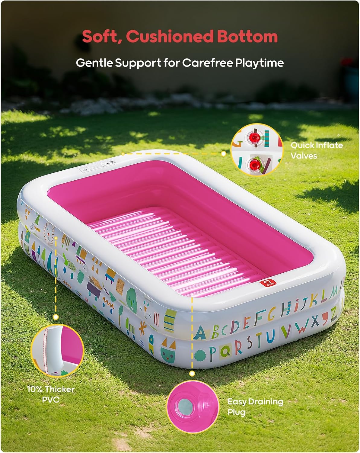 Kiddie Pool with Canopy, Inflatable Design, 65 x 39 in, Pink