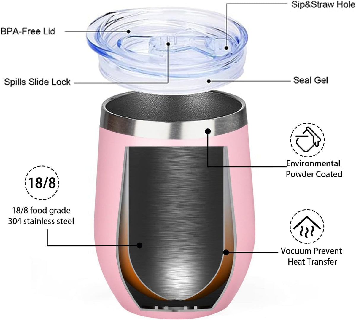 12 Oz Insulated Wine Tumbler Bulk with Lid Wine Glass(Pink,4 Pack)