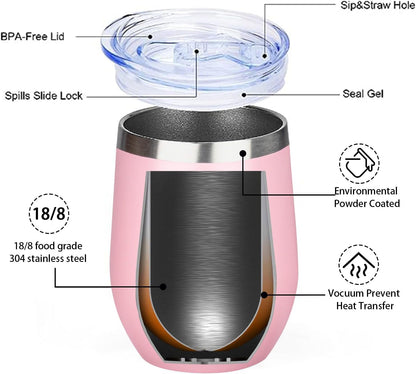 12 Oz Insulated Wine Tumbler Bulk with Lid Wine Glass(Pink,4 Pack)