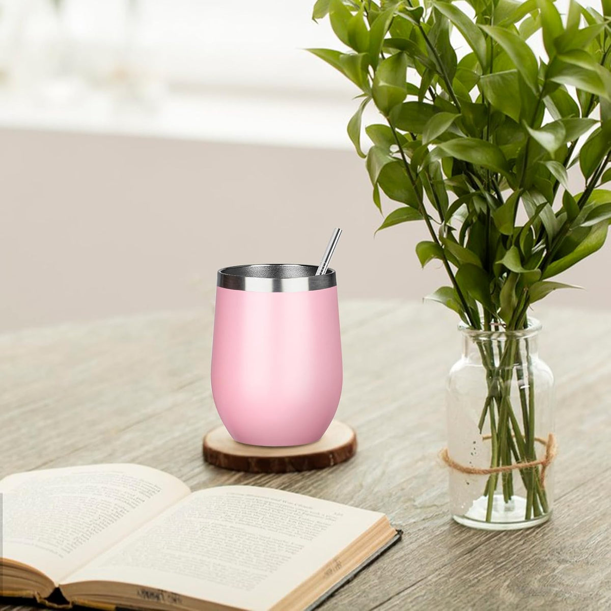 12 Oz Insulated Wine Tumbler Bulk with Lid Wine Glass(Pink,4 Pack)