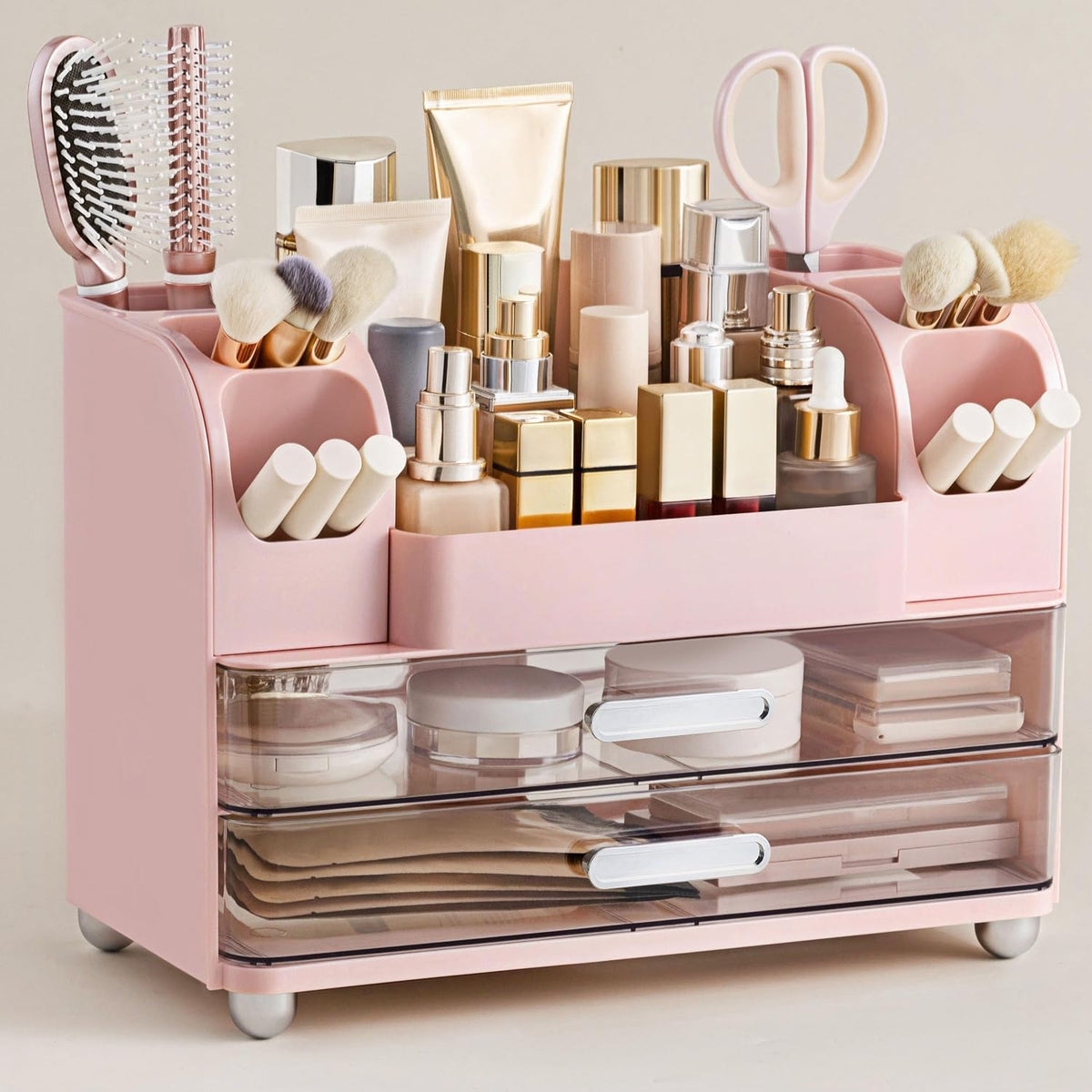 Makeup Organizer for Vanity with Brush Holder, Large Bathroom Countertop Cosmetic Organizer Skin Care Storage, Easy to Store Lipsticks, Nail Polishes, Perfumes, Eyeshadow Palettes, Pink