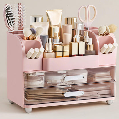 Makeup Organizer for Vanity with Brush Holder, Large Bathroom Countertop Cosmetic Organizer Skin Care Storage, Easy to Store Lipsticks, Nail Polishes, Perfumes, Eyeshadow Palettes, Pink