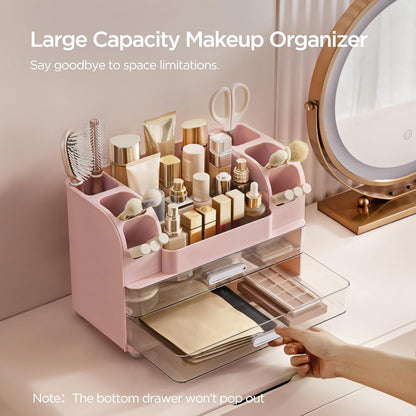 Makeup Organizer for Vanity with Brush Holder, Large Bathroom Countertop Cosmetic Organizer Skin Care Storage, Easy to Store Lipsticks, Nail Polishes, Perfumes, Eyeshadow Palettes, Pink