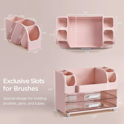 Makeup Organizer for Vanity with Brush Holder, Large Bathroom Countertop Cosmetic Organizer Skin Care Storage, Easy to Store Lipsticks, Nail Polishes, Perfumes, Eyeshadow Palettes, Pink