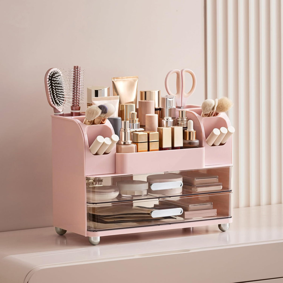 Makeup Organizer for Vanity with Brush Holder, Large Bathroom Countertop Cosmetic Organizer Skin Care Storage, Easy to Store Lipsticks, Nail Polishes, Perfumes, Eyeshadow Palettes, Pink