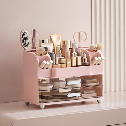 Makeup Organizer for Vanity with Brush Holder, Large Bathroom Countertop Cosmetic Organizer Skin Care Storage, Easy to Store Lipsticks, Nail Polishes, Perfumes, Eyeshadow Palettes, Pink
