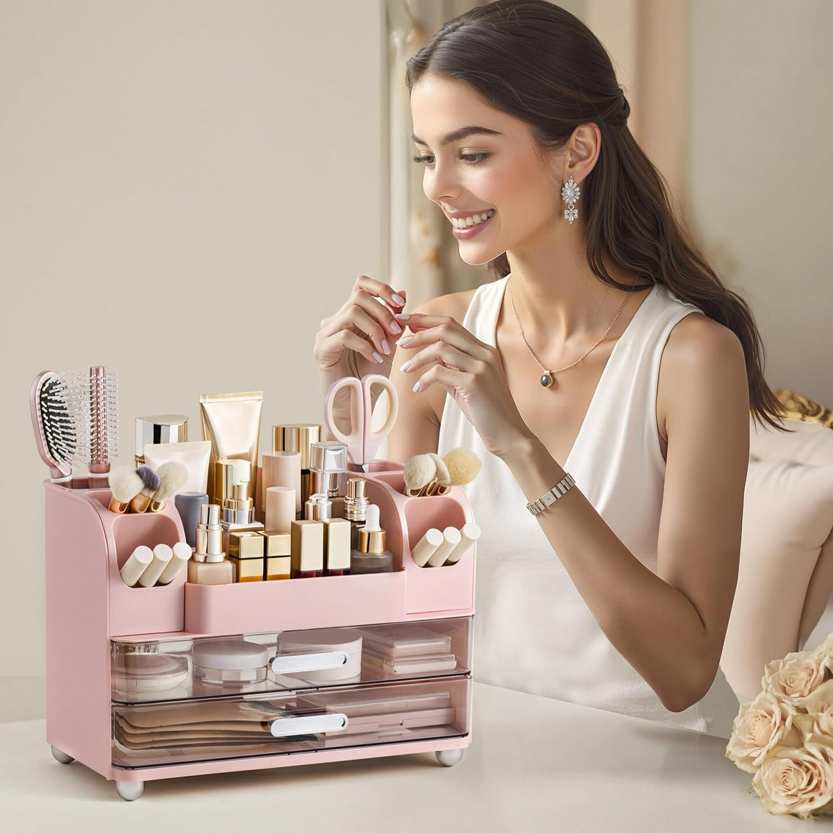 Makeup Organizer for Vanity with Brush Holder, Large Bathroom Countertop Cosmetic Organizer Skin Care Storage, Easy to Store Lipsticks, Nail Polishes, Perfumes, Eyeshadow Palettes, Pink