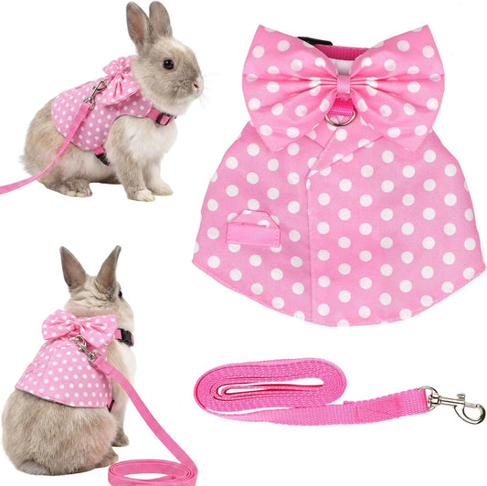 Bunny Harness and Leash Set, Soft Mesh Rabbit Harness with Bow, Adjustable Escape Proof Vest for Small Pets Rabbits Kittens Guinea Pigs (Pink Polka Dots, M)