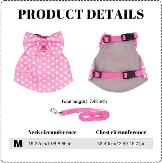 Bunny Harness and Leash Set, Soft Mesh Rabbit Harness with Bow, Adjustable Escape Proof Vest for Small Pets Rabbits Kittens Guinea Pigs (Pink Polka Dots, M)