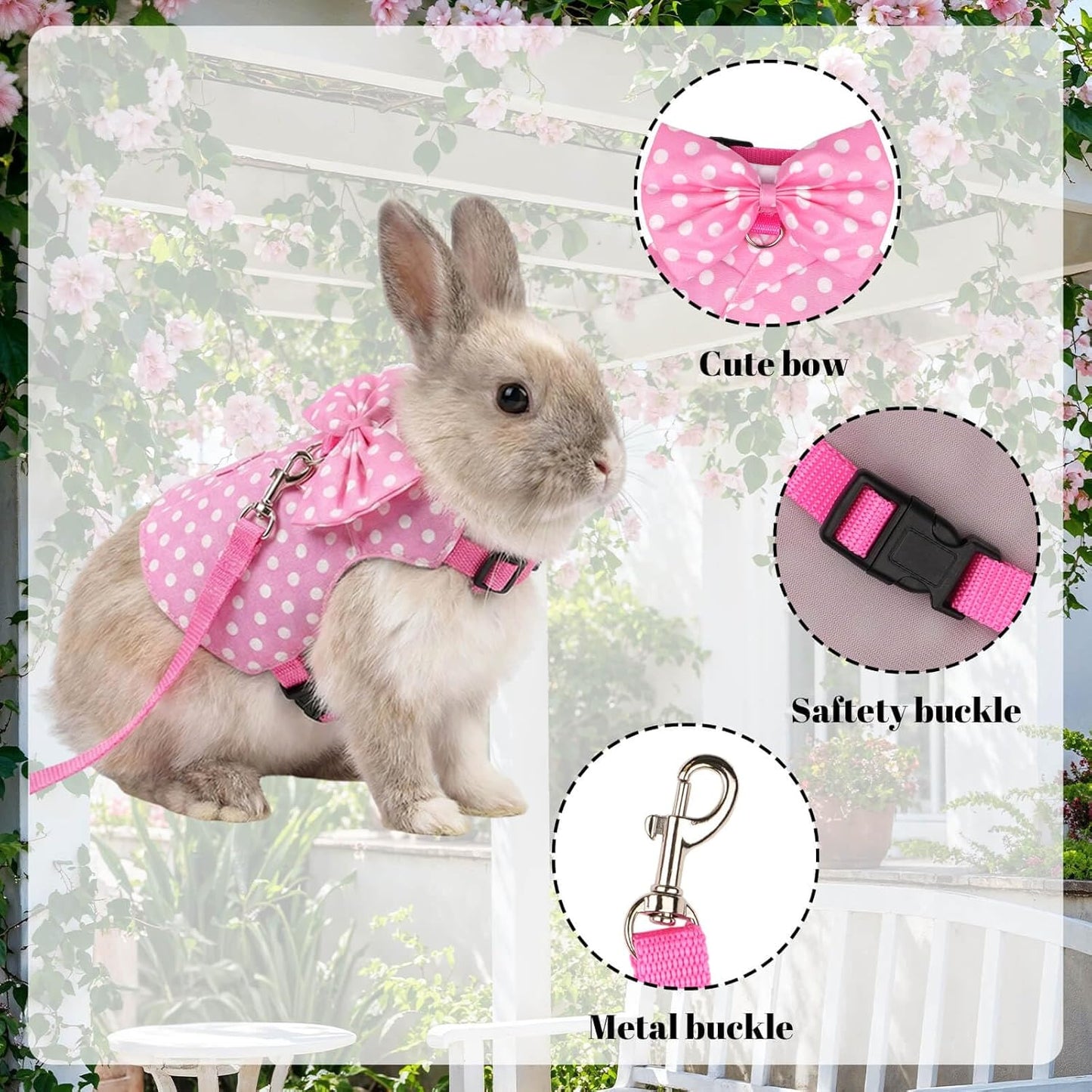 Bunny Harness and Leash Set, Soft Mesh Rabbit Harness with Bow, Adjustable Escape Proof Vest for Small Pets Rabbits Kittens Guinea Pigs (Pink Polka Dots, M)