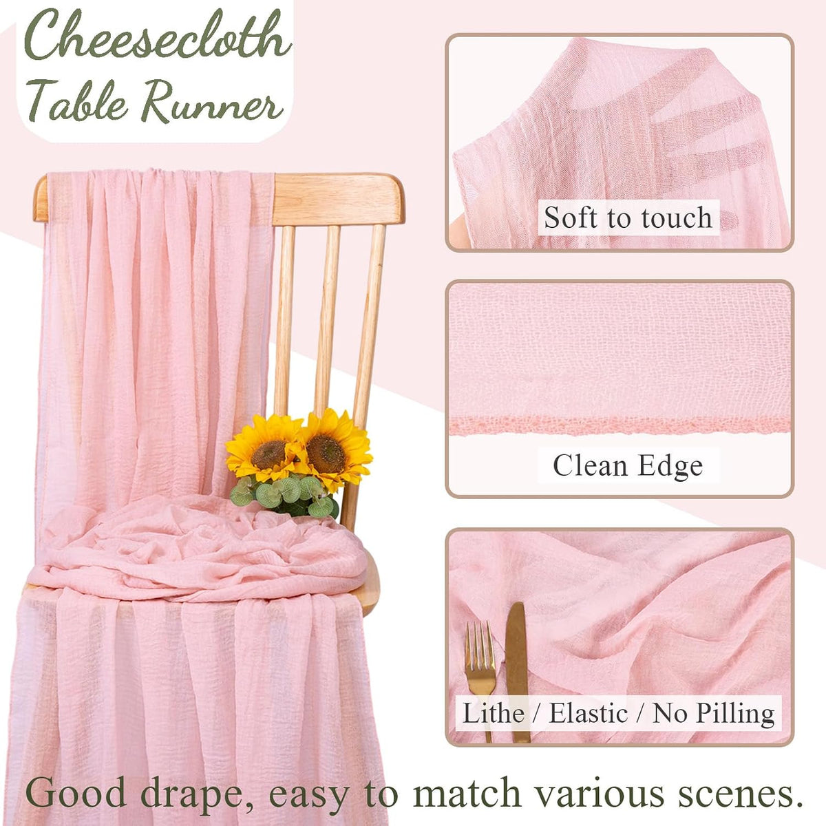 Blushing Pink Cheesecloth Table Runner 10ft Gauze Table Runner for Wedding Baby Bridal Shower Party 32x120 Inches Boho Rustic Long Cheese Cloth Spring Home Decorations