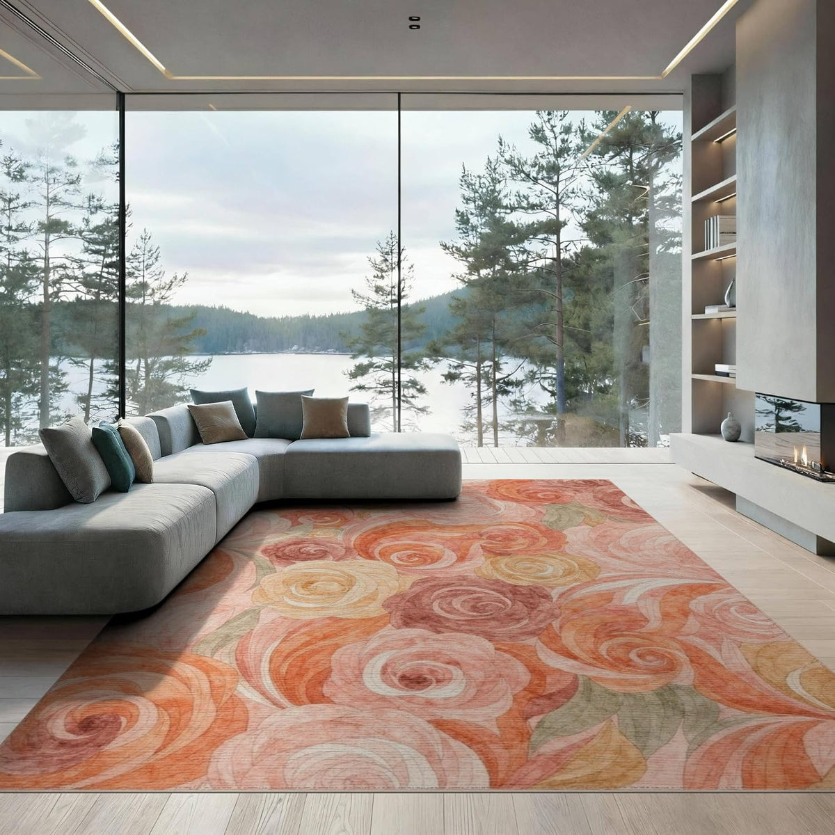 9'x12' Washable Art Floral Area Rug, Peach Foldable Oversized Carpet for Great Room, Indoor Open Concept, Large Living Room, Low Profile Flatwoven Floor Covering | Ref:2166759