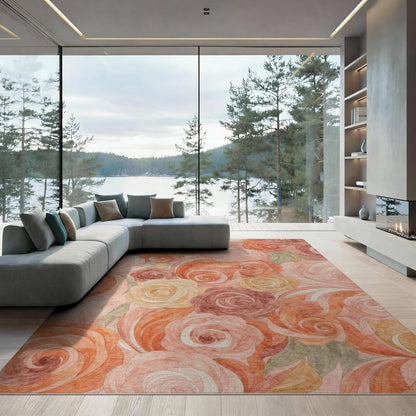 9'x12' Washable Art Floral Area Rug, Peach Foldable Oversized Carpet for Great Room, Indoor Open Concept, Large Living Room, Low Profile Flatwoven Floor Covering | Ref:2166759