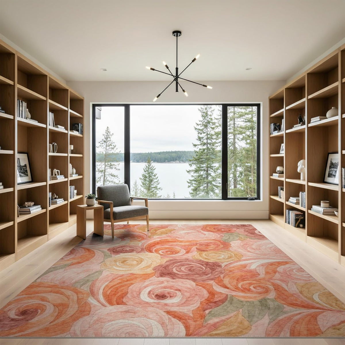 9'x12' Washable Art Floral Area Rug, Peach Foldable Oversized Carpet for Great Room, Indoor Open Concept, Large Living Room, Low Profile Flatwoven Floor Covering | Ref:2166759