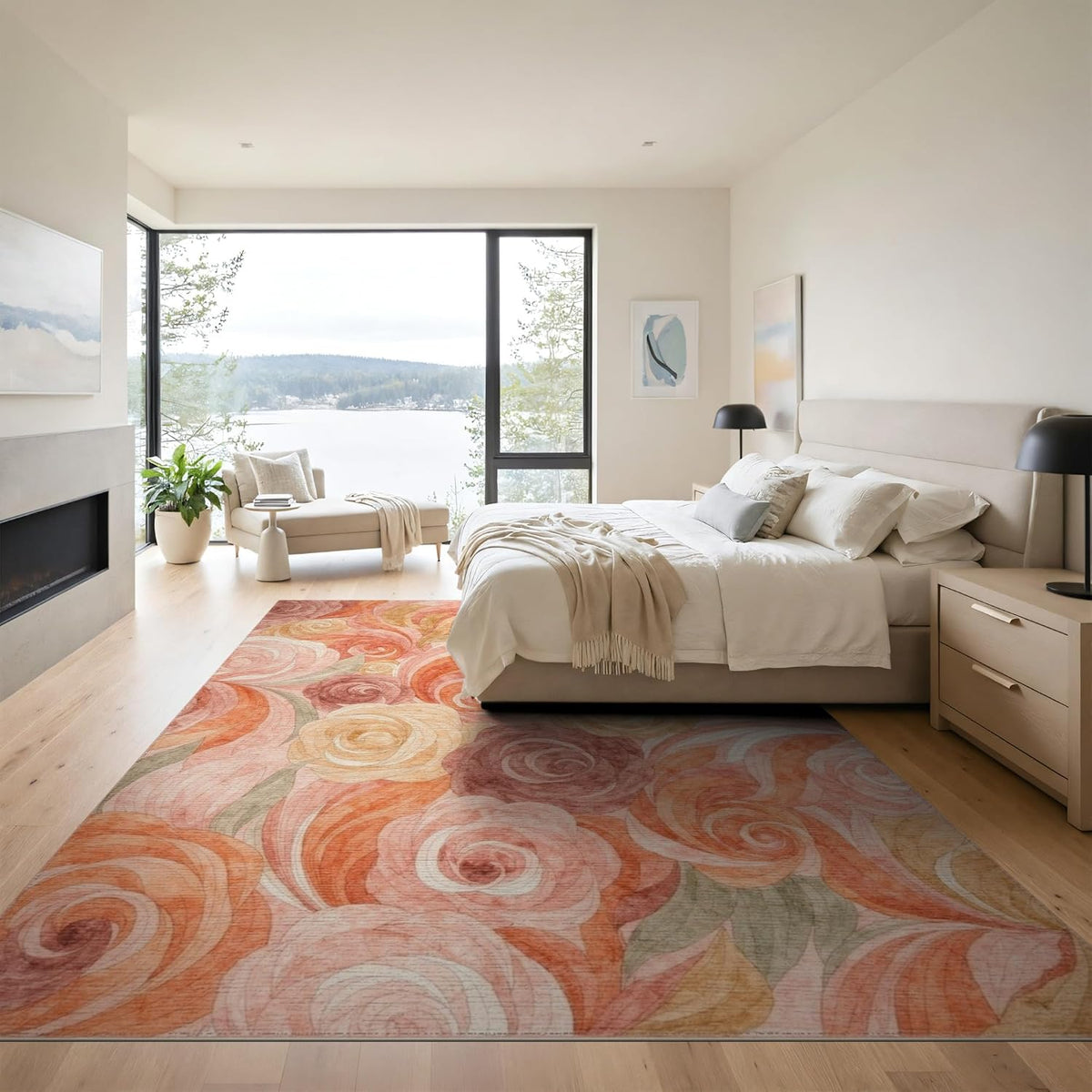 9'x12' Washable Art Floral Area Rug, Peach Foldable Oversized Carpet for Great Room, Indoor Open Concept, Large Living Room, Low Profile Flatwoven Floor Covering | Ref:2166759
