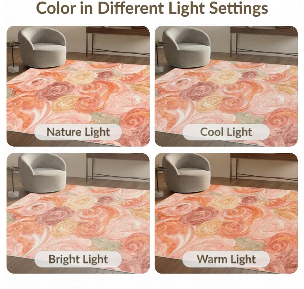9'x12' Washable Art Floral Area Rug, Peach Foldable Oversized Carpet for Great Room, Indoor Open Concept, Large Living Room, Low Profile Flatwoven Floor Covering | Ref:2166759