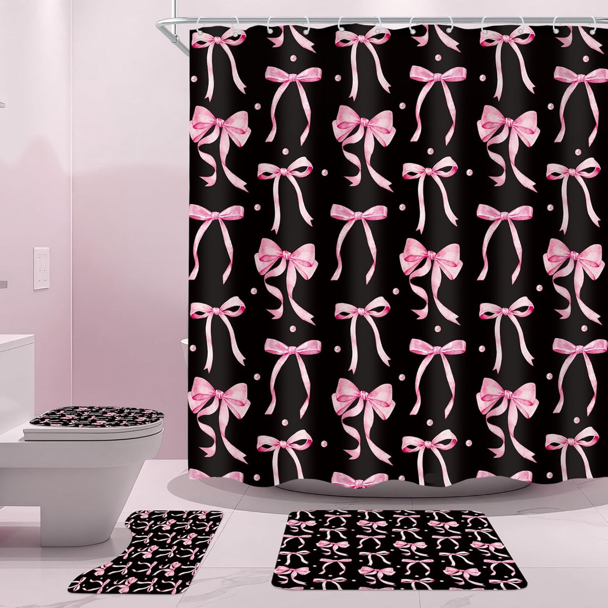 Black Pink Bow Retro Coquette 4Pcs Bathroom Shower Curtain Set with Rugs