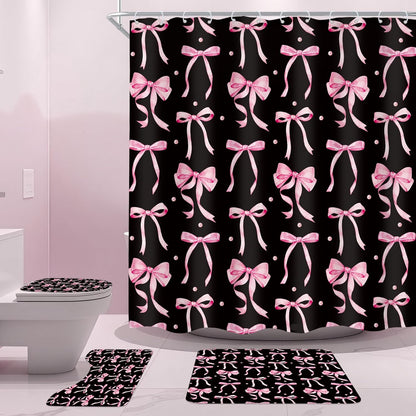 Black Pink Bow Retro Coquette 4Pcs Bathroom Shower Curtain Set with Rugs