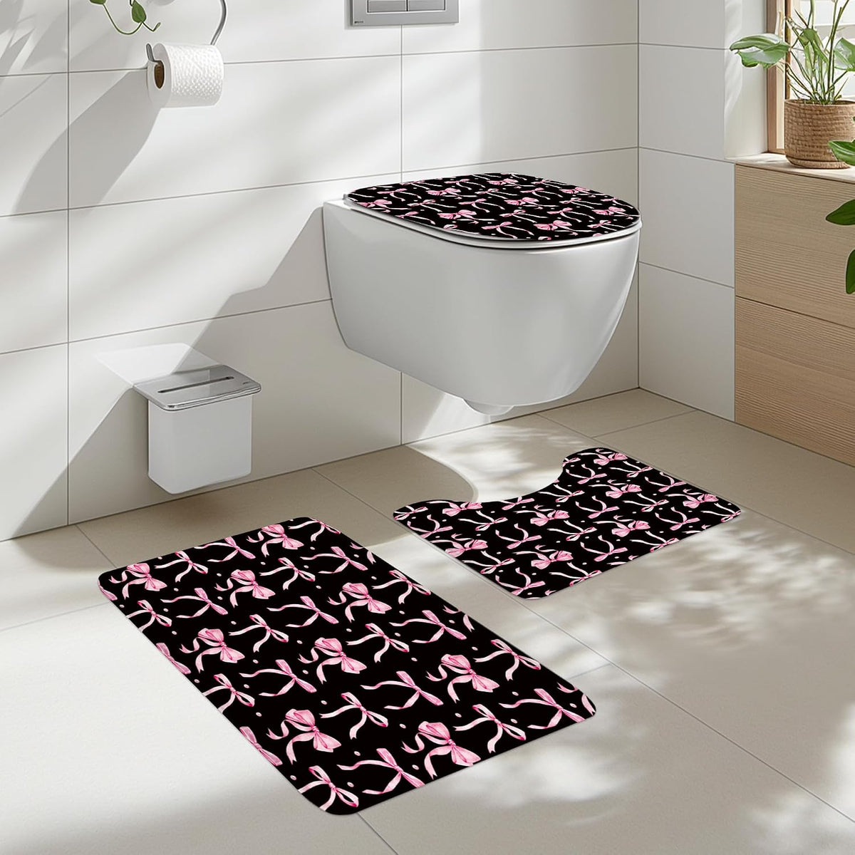 Black Pink Bow Retro Coquette 4Pcs Bathroom Shower Curtain Set with Rugs