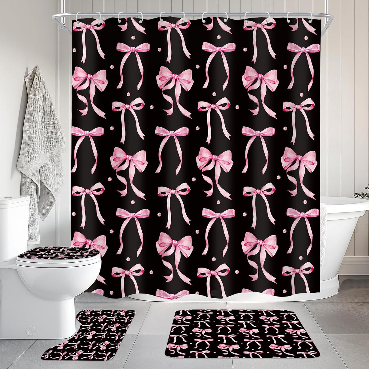 Black Pink Bow Retro Coquette 4Pcs Bathroom Shower Curtain Set with Rugs