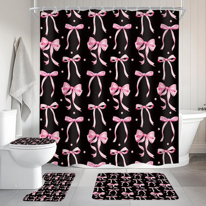 Black Pink Bow Retro Coquette 4Pcs Bathroom Shower Curtain Set with Rugs