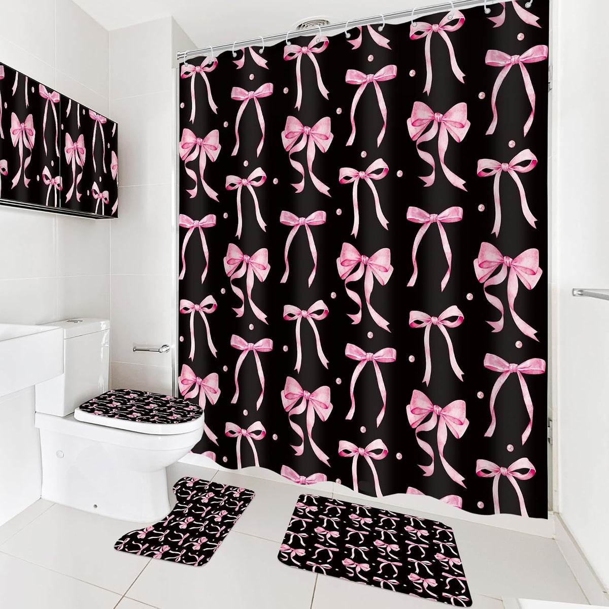 Black Pink Bow Retro Coquette 4Pcs Bathroom Shower Curtain Set with Rugs