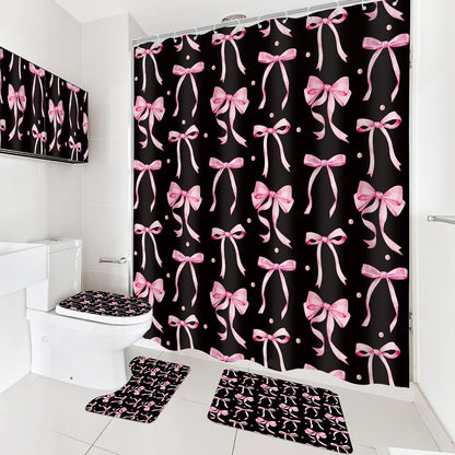 Black Pink Bow Retro Coquette 4Pcs Bathroom Shower Curtain Set with Rugs