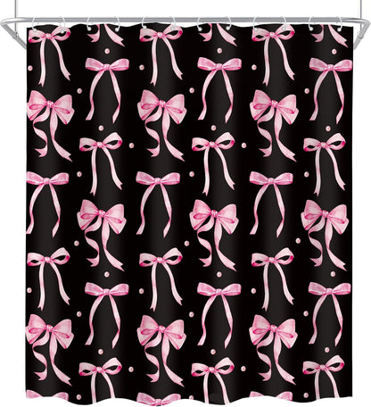 Black Pink Bow Retro Coquette 4Pcs Bathroom Shower Curtain Set with Rugs
