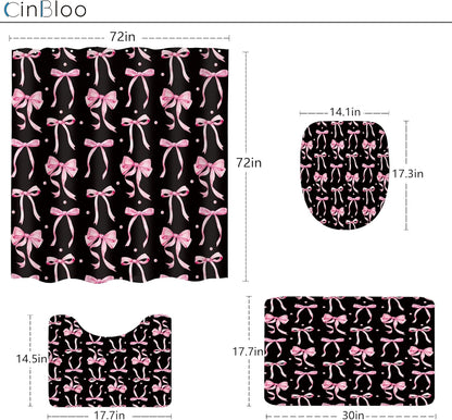 Black Pink Bow Retro Coquette 4Pcs Bathroom Shower Curtain Set with Rugs