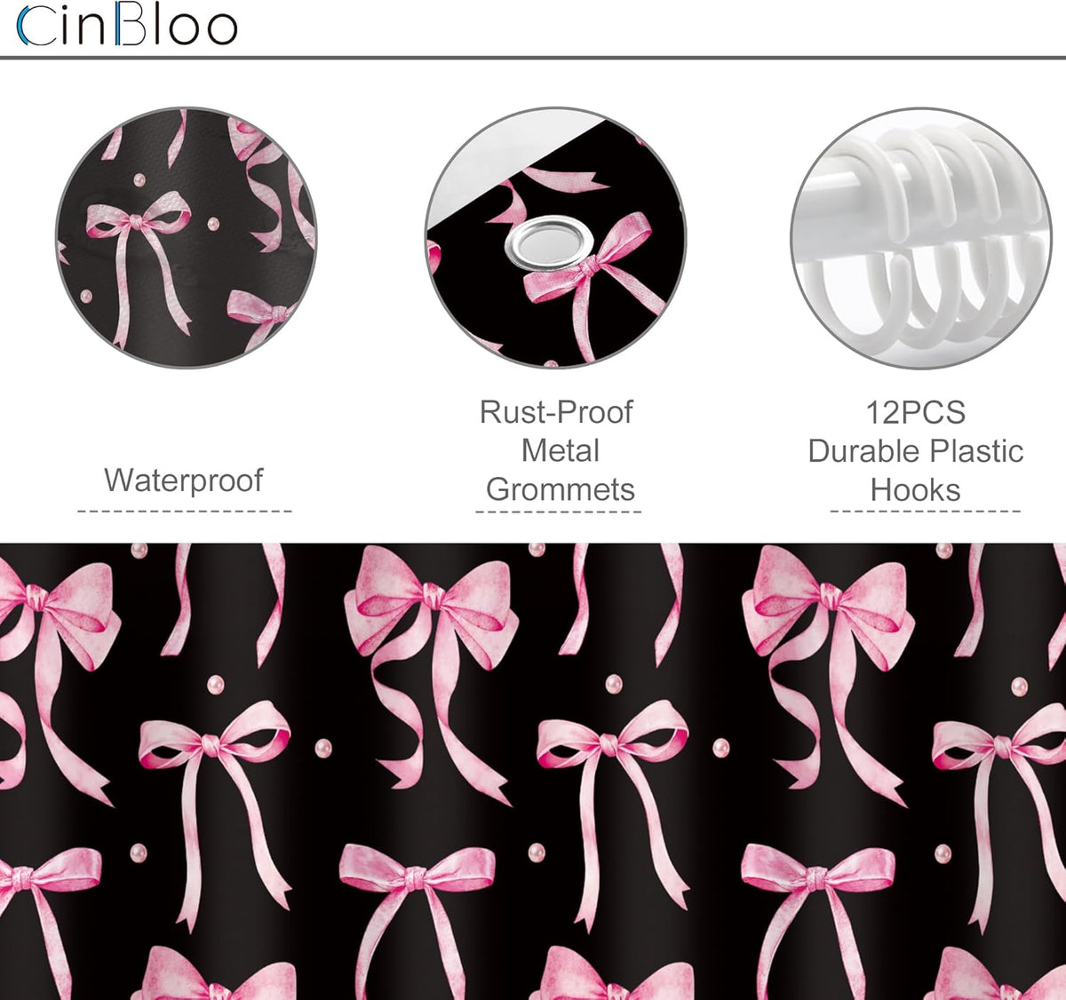 Black Pink Bow Retro Coquette 4Pcs Bathroom Shower Curtain Set with Rugs