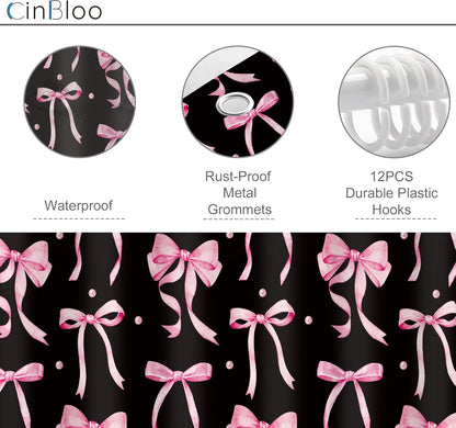 Black Pink Bow Retro Coquette 4Pcs Bathroom Shower Curtain Set with Rugs