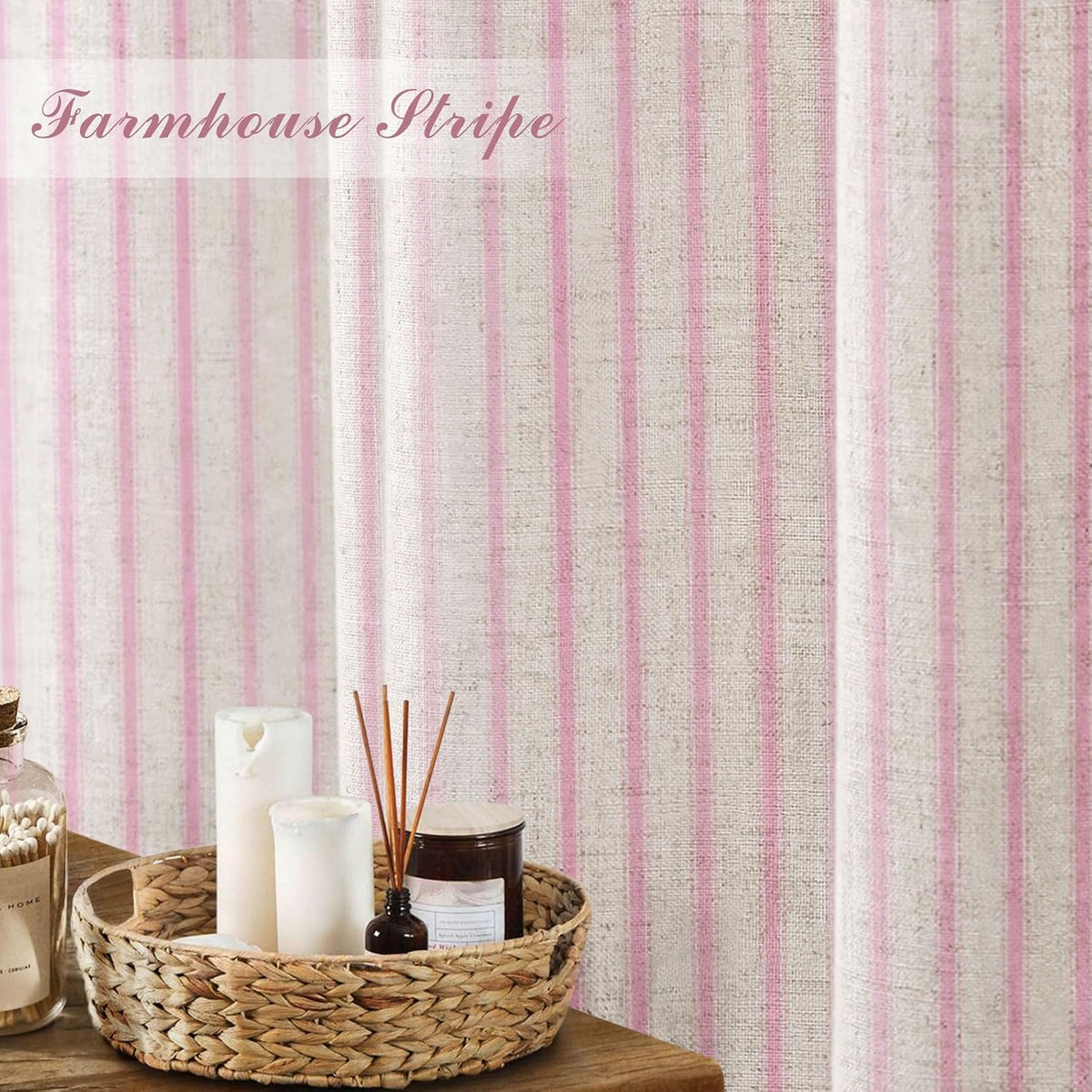 Farmhouse Striped Shower Curtain Pink Vintage Linen Curtain 72"W X 72"L