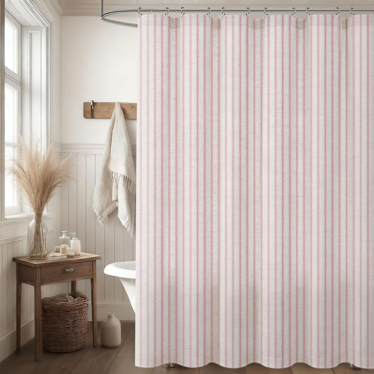 Farmhouse Striped Shower Curtain Pink Vintage Linen Curtain 72"W X 72"L