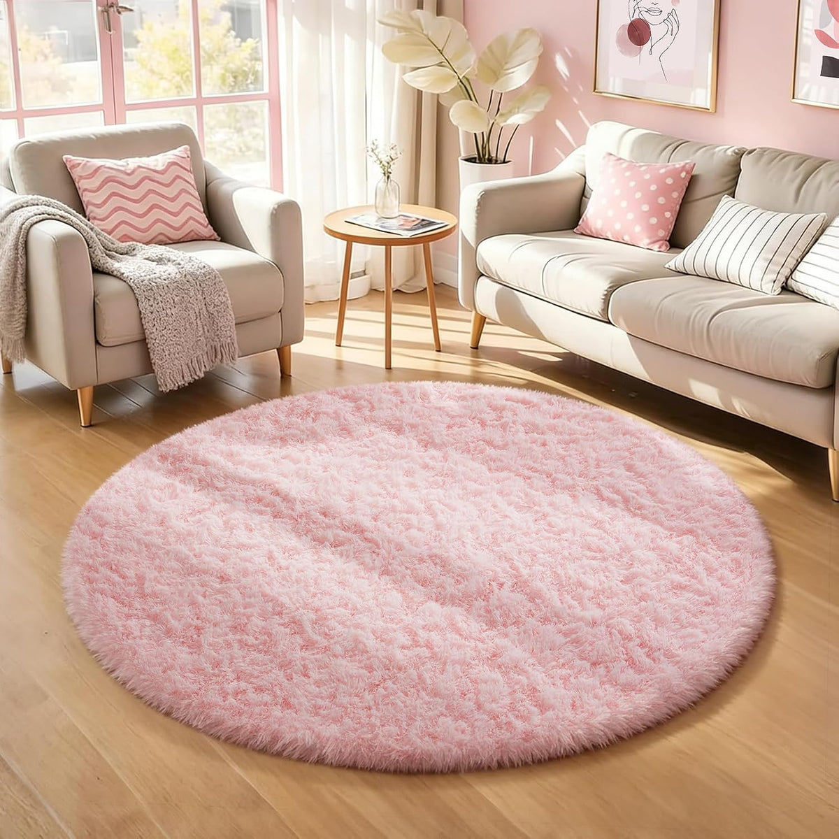 Pink Round Rug for Bedroom Girls, Kids Fluffy Kawaii Fuzzy Shag Circle Circular Area Rugs, Cute Plush Small Carpet 4Ft 4 Foot, for Baby Home Living Room Decor Aesthetic with 99 pcs Pile fibers