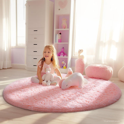 Pink Round Rug for Bedroom Girls, Kids Fluffy Kawaii Fuzzy Shag Circle Circular Area Rugs, Cute Plush Small Carpet 4Ft 4 Foot, for Baby Home Living Room Decor Aesthetic with 99 pcs Pile fibers