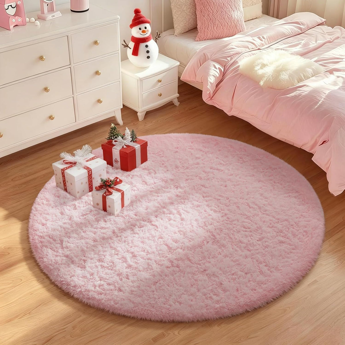 Pink Round Rug for Bedroom Girls, Kids Fluffy Kawaii Fuzzy Shag Circle Circular Area Rugs, Cute Plush Small Carpet 4Ft 4 Foot, for Baby Home Living Room Decor Aesthetic with 99 pcs Pile fibers